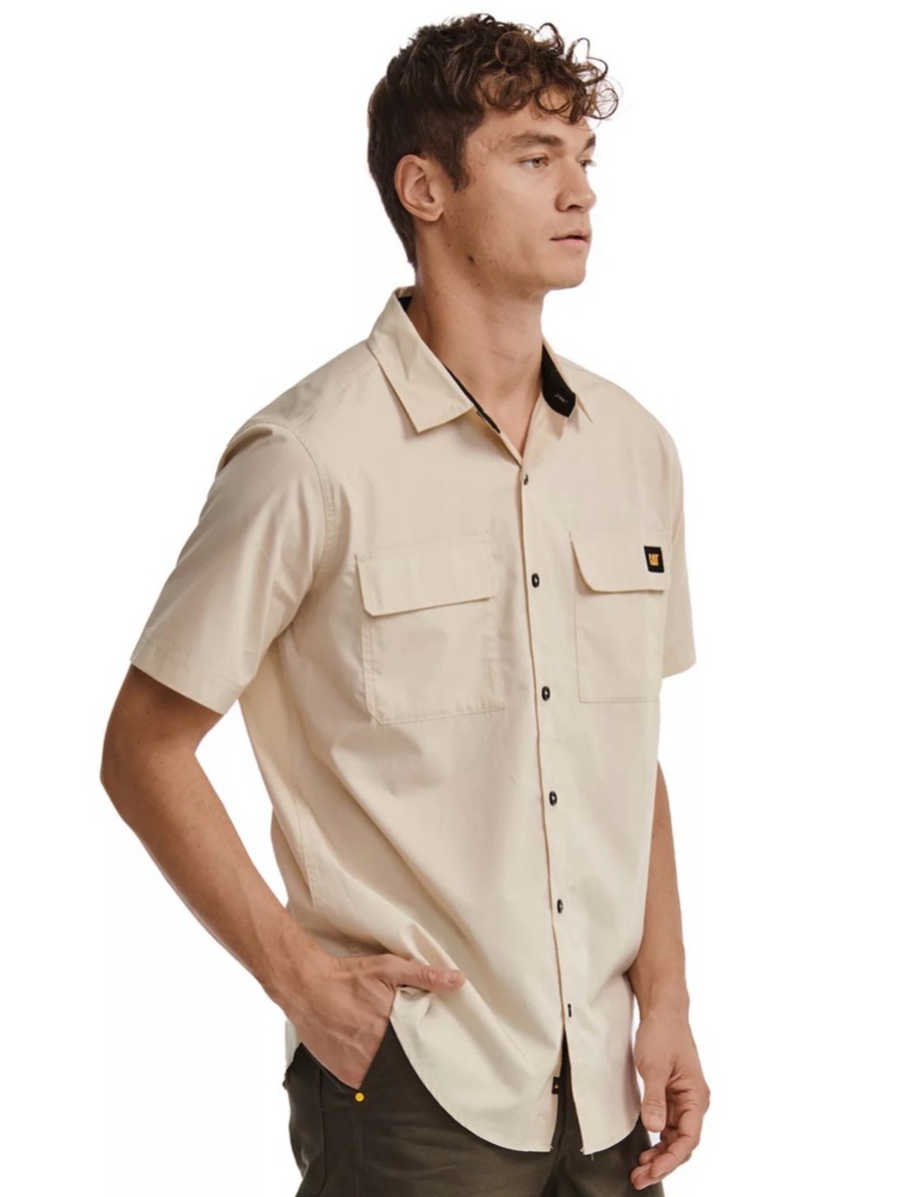 Caterpillar Shirt Mens 2XL Beige Solid Short Sleeve Button Up Workwear Casual